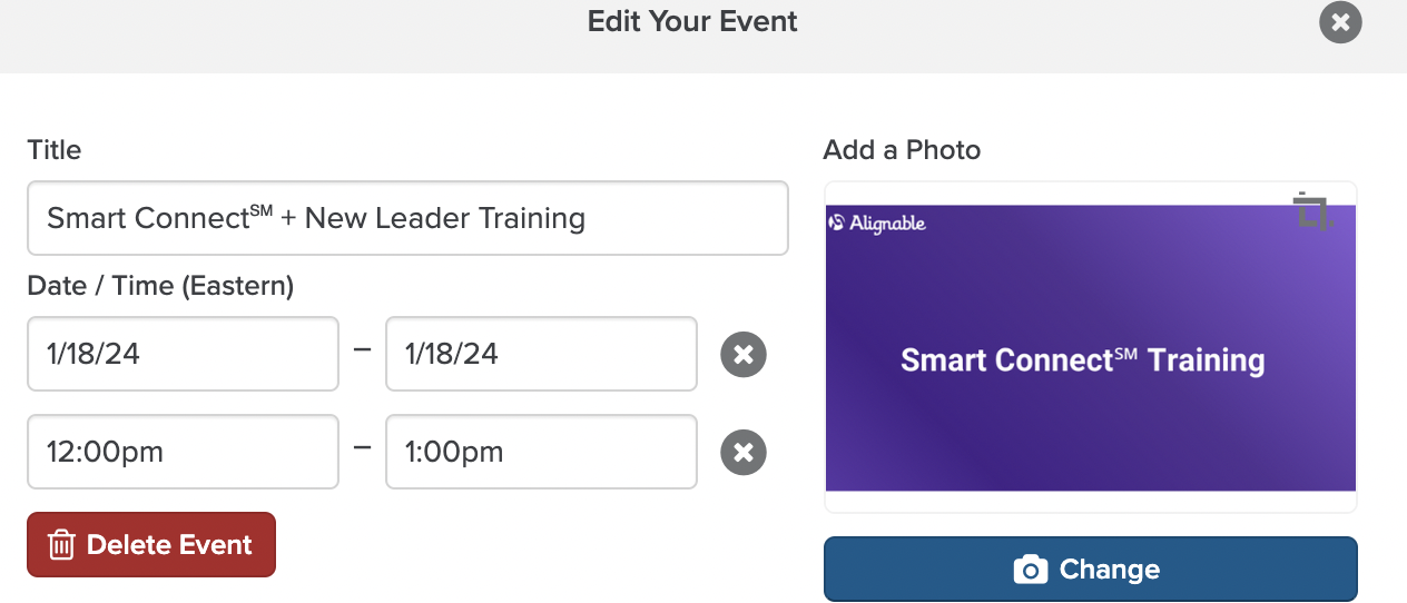 Event edit modal showing date, time, and location fields