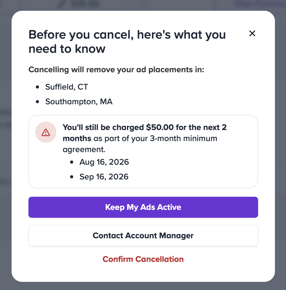 Bundled sponsorship cancellation notice showing minimum commitment billing details